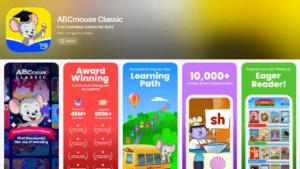 ABCmouse Classic app preview highlighting its award-winning curriculum designed by experts. The panels show a personalized step-by-step learning path, over 10,000 activities including games and books, and a progress tracker from non-reader to eager reader.