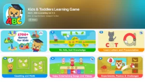 Bimi Boo Kids Academy preview showing over 1,700 games for children ages 2-6. The interface features cognitive development activities for counting, math, letter pronunciation, music videos, and physics-based experiments and puzzles.