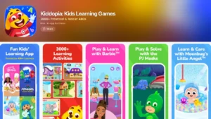 Kiddopia Kids Learning Games preview highlighting over 3,000 learning activities. Features include play-learning with Barbie and PJ Masks, problem-solving challenges, and 'Learn & Care' role-play environments for toddlers.