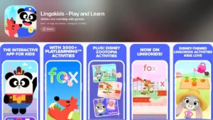 Lingokids - Play and Learn preview featuring over 3,000 'Playlearning' activities. Panels show interactive letter tracing, Disney-themed Zootopia activities, and character-led games focused on vocabulary and social-emotional skills.