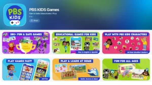PBS KIDS Games app preview featuring over 280 fun and safe games. The panels show familiar TV characters in ad-free environments focusing on Math, Science, and storytelling for all ages.