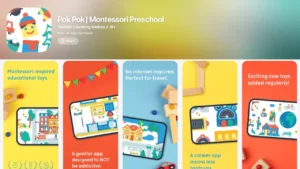 Pok Pok Montessori Preschool preview showing Montessori-inspired educational toys. The panels emphasize a 'gentler app' design that is not addictive, requires no internet, and features a calm interface to support focus and reduce tantrums.