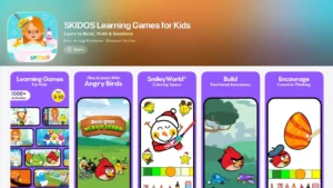 Screenshot of the SKIDOS app showing characters like Angry Birds and Baby Shark in educational activities for math, reading, and emotional awareness.
