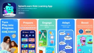 SplashLearn Kids Learning App preview demonstrating research-backed games for Reading and Math. Panels show daily routines, school preparation for PreK-5, over 4,000 games, and adaptive lessons tailored to a child's age and level.