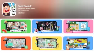 Toca Boca Jr app preview showcasing creative sandbox play. Panels illustrate open-ended activities such as playing with food in a kitchen, planning surprises, caring for pets, running lab experiments, and exploring nature without scores or rules.