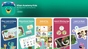 The Khan Academy Kids app store page featuring a green bear icon. The preview panels highlight '5000+ learning activities,' its 'Safe & Fun' nature with no ads or paywalls, its status as an 'Award-Winning App,' and modules for learning to read with letters and phonics.