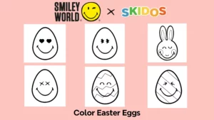SmileyWorld Easter egg coloring pages for kids in the SKIDOS app — six smiley-faced Easter egg designs