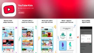 YouTube Kids App Store preview highlighting safe screen time options and free entertainment apps for kids with personalized parental controls.
