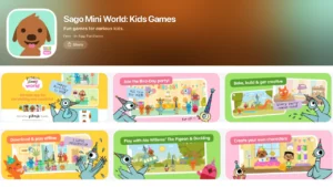 Sago Mini World interface designed for safe digital play, showing gentle exploration and toddler-friendly educational games for ages 2–5.
