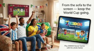 Family watching FIFA World Cup 2026 — SKIDOS Soccer Games for Kids app on tablet