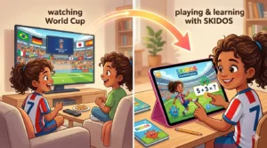 Child playing SKIDOS football games for kids on a tablet inspired by the FIFA World Cup.