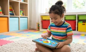 Young child engaging with educational Pinkfong games for kids, featuring Baby Shark and dinosaur characters on a tablet screen.