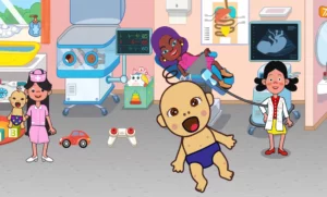 Screenshot of the SKIDOS hospital game for kids, showing diverse characters and realistic hospital scenarios developed with nurse input.