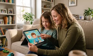 A child in early elementary age uses a tablet to play interactive doctor games for kids, practicing basic first aid steps with a parent nearby.