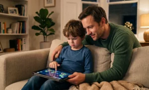 A parent supports their child during a tricky Angry Birds level, showing what kids learn from Angry Birds about handling frustration and problem-solving together.