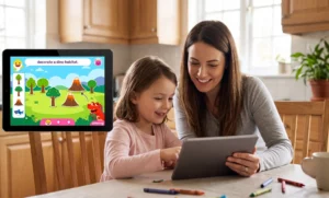 Parent and child explore an educational Pinkfong game for kids together, focusing on problem-solving and artistic expression.