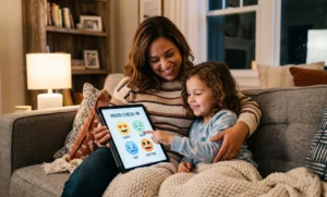 Parent and child using the SKIDOS mood check-in to build emotional wellbeing