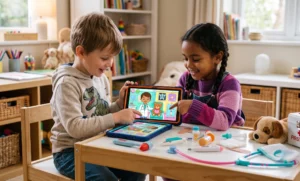 Early elementary kids playing a hospital game together to reduce medical fears and encourage teamwork.
