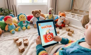 An early elementary-age child explores SKIDOS doctor games for kids on a tablet, engaging in a fun and educational healthcare scenario.