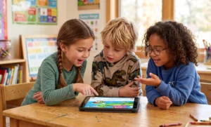 A group of kids brainstorms solutions while playing Angry Birds, capturing what kids learn from Angry Birds about collaborative creative thinking.