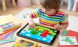 A child uses creative problem-solving skills while playing the educational Pinkfong Dinosaur Game, a favorite among kids.