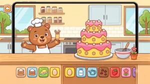 A close-up of a SKIDOS pretend play game for preschoolers on a tablet, showing a chef character and simple memory challenge.