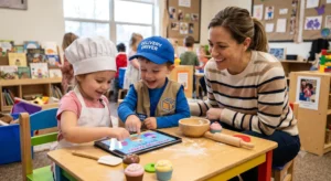 Preschoolers solve challenges in pretend play games for preschoolers, building their problem-solving and memory skills under the parent's guidance